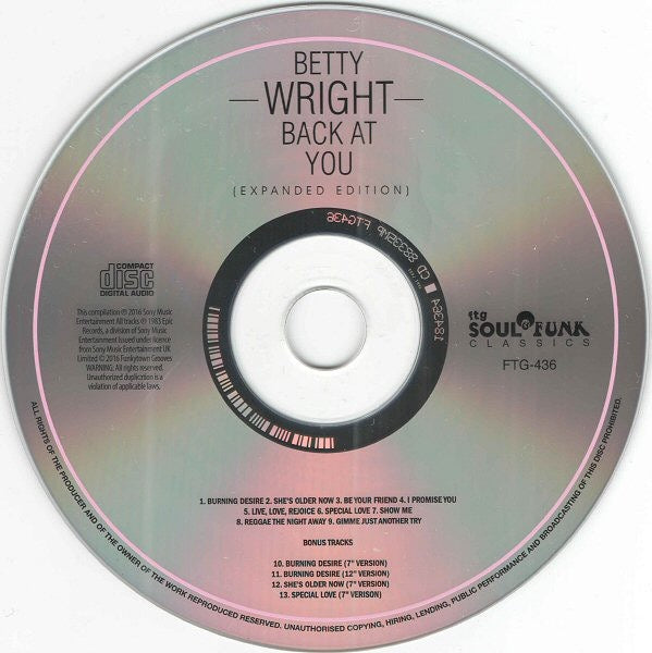 Image of Label Cover of CD - VG+/EX - BETTY WRIGHT, Wright Back At You (Funkytowngrooves; FTG 436, UK 2016 Reissue, Jewel Case), Nice copy showing minimal sign of use.,  - 1816649C