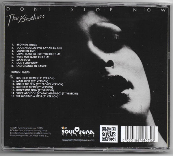 Image of Back Cover of CD - VG+/VG+ - THE BROTHERS, Don't Stop Now (Funkytowngrooves; FTG-381, UK 2014, Jewel Case), Nice copy showing minimal sign of use.,  - 1816693C