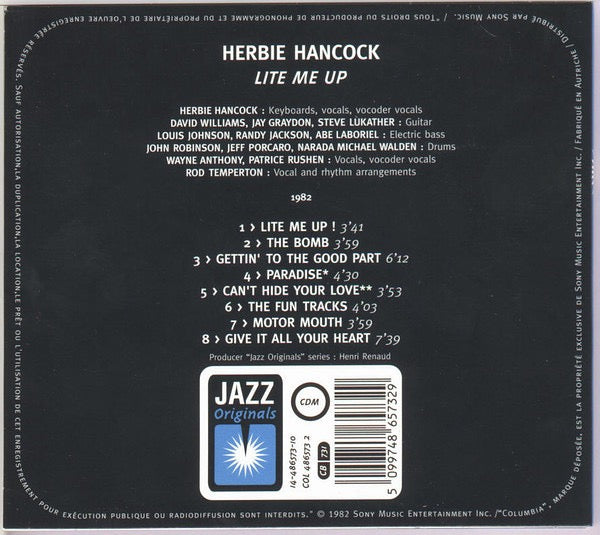 Image of Back Cover of CD - VG+/VG+ - HERBIE HANCOCK, Lite Me Up (Columbia; COL 486573 2, France 1997 Reissue, Digipak), ,  - 1816696C