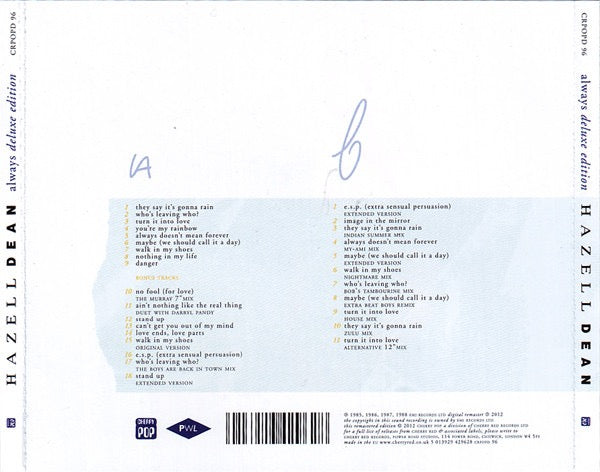 Image of Back Cover of 2xCD - M/M - HAZELL DEAN, Always (Cherry Pop; CRPOPD 96, Europe 2012 Reissue, Double CD Case), SEALED,  - 1936062E