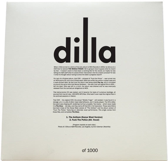 Image of Back Cover of 12" - VG+/VG+ - J DILLA, The Middle Finger (Pay Jay Productions; PJ 014, US 2016, Limited Edition of 1000), Limited Edition No 199/1000,  - 1816670C