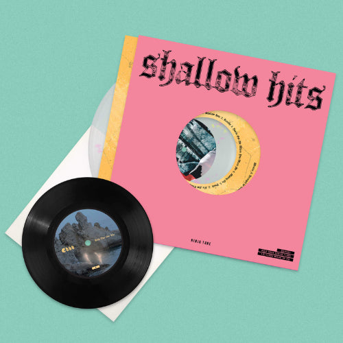 Image of Back Cover of LP - NEW/NEW - EBBB, Shallow Hits - Dinked Edition (Ninja Tune; ZEN327R, UK 2026, Clear Vinyl with Pink and Yellow Splatter, Limited Edition of 500, Dinked Edition No. 411, Bonus 7  featuring  Book That You Like  &  Manners , Housed in a die-cut outer sleeve.), , The scope, variety and ambition of Ebbb s debut album Shallow Hits is clear from the off.  Come Alive  whirs into being quietly before morphing into a sun-kissed, radiant piece of calypso-esque electronic pop; the Latin-flav