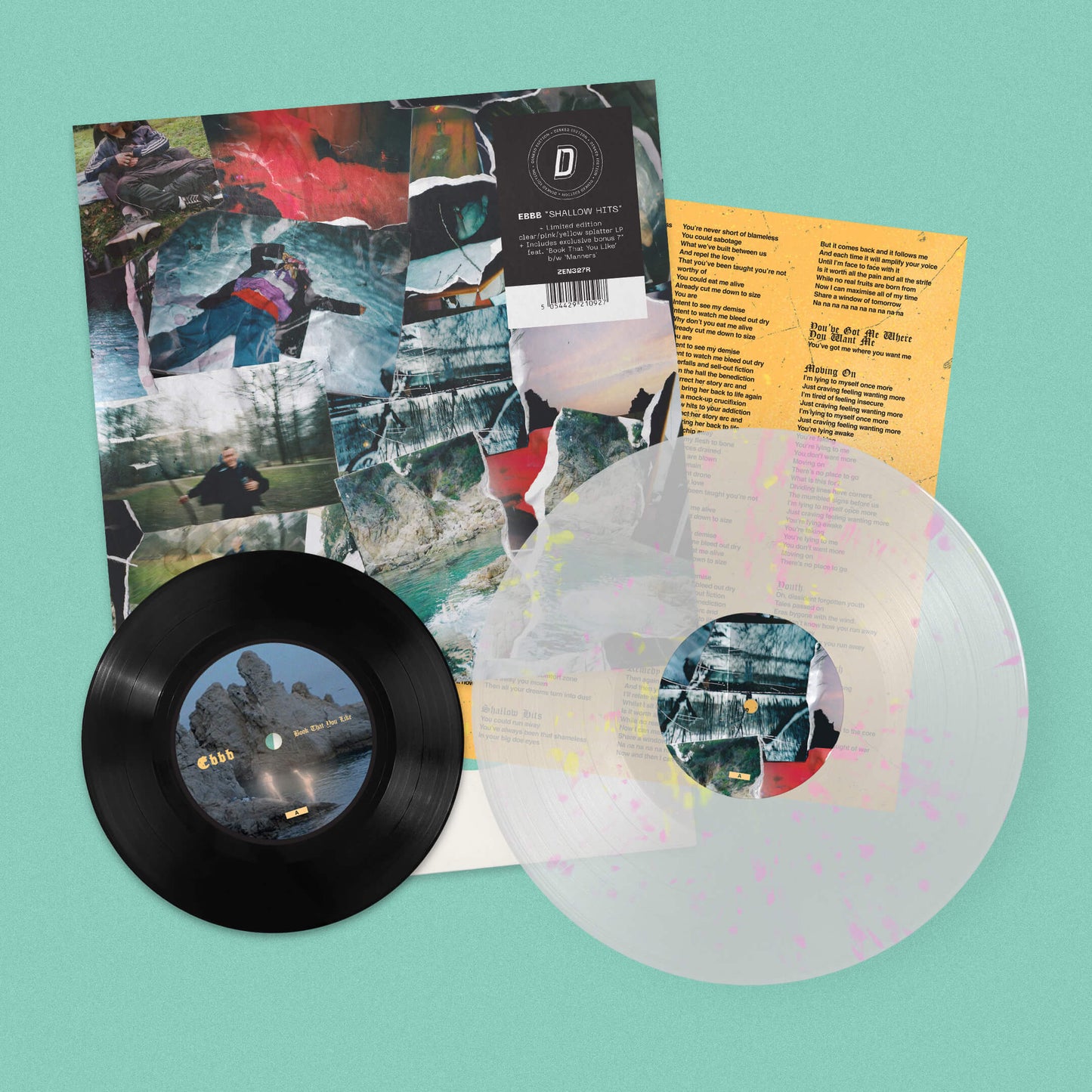Image of Front Cover of LP - NEW/NEW - EBBB, Shallow Hits - Dinked Edition (Ninja Tune; ZEN327R, UK 2026, Clear Vinyl with Pink and Yellow Splatter, Limited Edition of 500, Dinked Edition No. 411, Bonus 7  featuring  Book That You Like  &  Manners , Housed in a die-cut outer sleeve.), , The scope, variety and ambition of Ebbb s debut album Shallow Hits is clear from the off.  Come Alive  whirs into being quietly before morphing into a sun-kissed, radiant piece of calypso-esque electronic pop; the Latin-fla