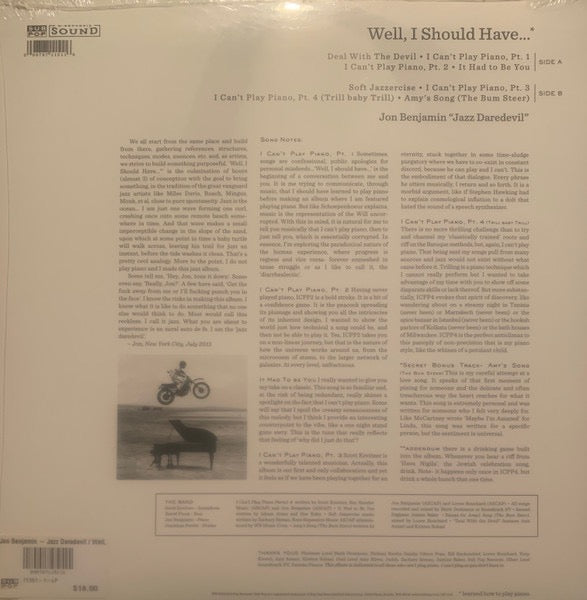 Image of Back Cover of LP - VG+/VG+ - JON BENJAMIN "JAZZ DAREDEVIL", Well, I Should Have... (Learned How To Play Piano) (Sub Pop; SP1151, US 2015), Sleeve still in opened shrinkwrap with hype sticker, very light ring wear. Vinyl has a couple of light cosmetic marks that don't effect play., Known for his performances in roles such as Bob Belcher in Bob's Burgers, and Sterling Archer in Archer. Benjamin released this jazz album featuring himself on piano, despite not knowing how to play the instrument. - 1916