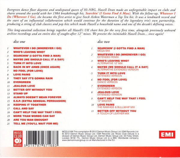 Image of Back Cover of 2xCD - VG+/VG+ - HAZELL DEAN, Evergreen - The Very Best Of (Music Club Deluxe; MCDLX168, UK 2012, Card Slipcase with Jewel Case inside), Some Sticker Residue on Slipcase,  - 2516500C