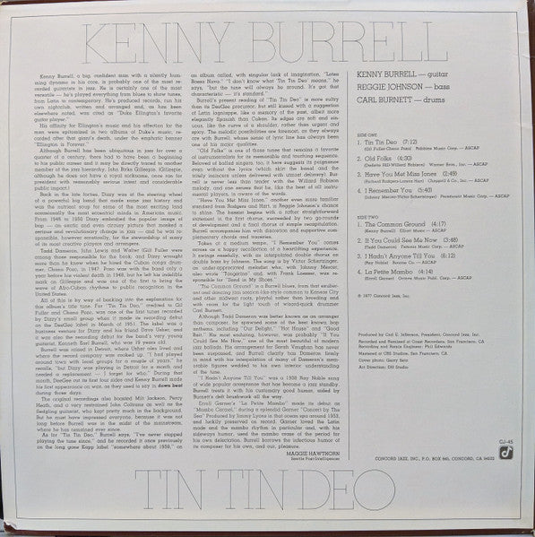 Image of Back Cover of LP - VG/VG - KENNY BURRELL, Tin Tin Deo (Concord Jazz; CJ-45, US 1977), ,  - 1826389E