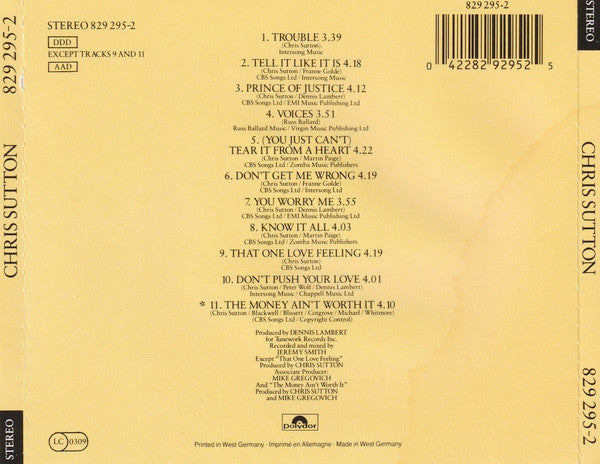 Image of Back Cover of CD - VG+/VG+ - CHRIS SUTTON, Chris Sutton (Polydor; 829 295-2, Germany 1986), ,  - 1916063C