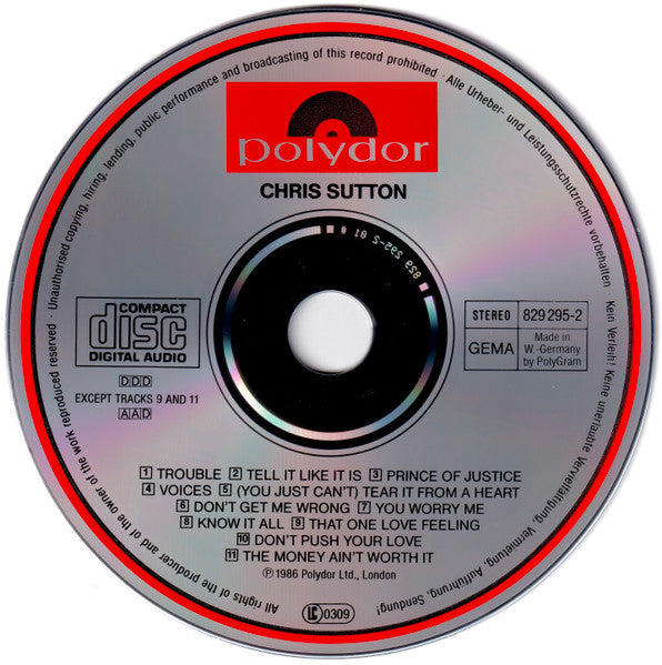 Image of Label Cover of CD - VG+/VG+ - CHRIS SUTTON, Chris Sutton (Polydor; 829 295-2, Germany 1986), ,  - 1916063C