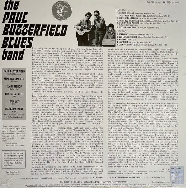 Image of Back Cover of LP - VG/VG+ - THE PAUL BUTTERFIELD BLUES BAND, The Paul Butterfield Blues Band (Elektra; EKS 7294, Spain 2021 Reissue), ,  - 1916068C