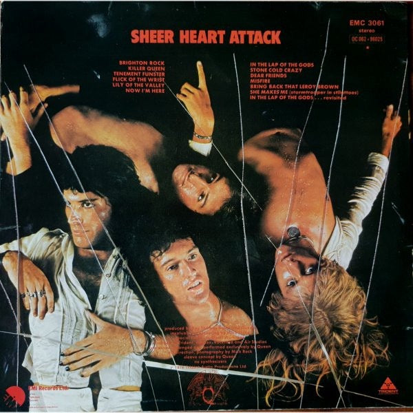 Image of Back Cover of LP - VG/G+ - QUEEN, Sheer Heart Attack (EMI; EMC 3061, UK 1974, Laminated Sleeve With Trident Logo On Rear, Inner With Two Cut Corners, 3U/4U TML-S Runouts), Light Marks only.,  - 1916071C