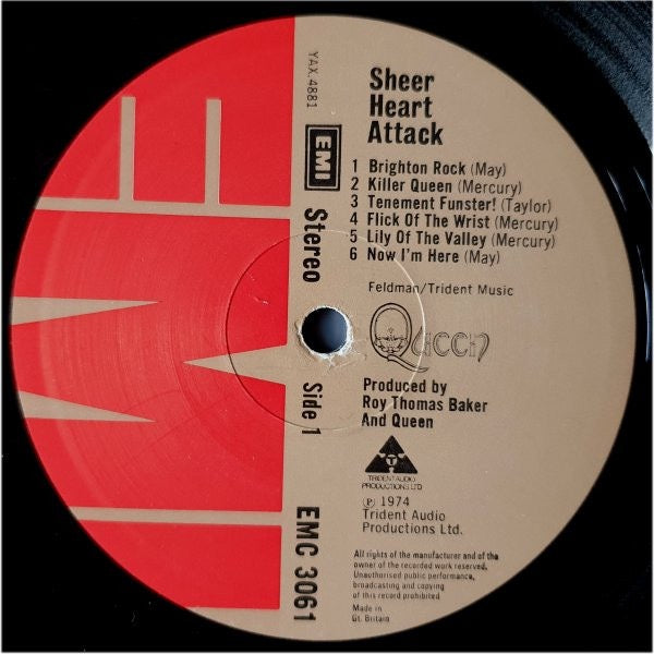 Image of Label Cover of LP - VG/G+ - QUEEN, Sheer Heart Attack (EMI; EMC 3061, UK 1974, Laminated Sleeve With Trident Logo On Rear, Inner With Two Cut Corners, 3U/4U TML-S Runouts), Light Marks only.,  - 1916071C