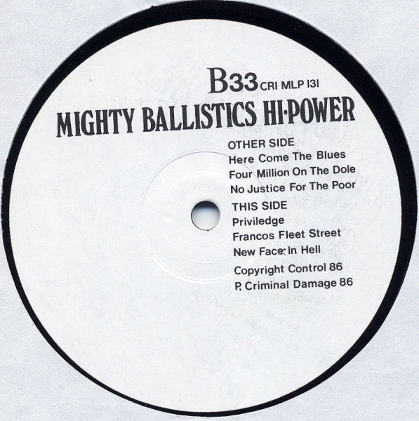 Image of Label Cover of LP - VG+/VG+ - MIGHTY BALLISTICS HI-POWER*, Here Come The Blues (Criminal Damage Records; CRI MLP 131, UK 1986, Picture Sleeve), faint groove wear one side - v. minor,  - 1946045S