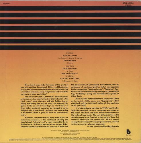 Image of Back Cover of LP - G+/VG - CANNONBALL ADDERLEY, Somethin' Else (Blue Note; BNS 40036, UK 1979 Reissue), Marks on vinyl. More so on Side 2 but don't affect play. Wear to sleeve with ringwear & small tear on bottom right.,  - 1926050E
