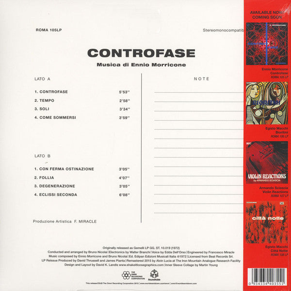 Image of Back Cover of LP - EX/EX - ENNIO MORRICONE, Controfase (The Omni Recording Corporation ; ROMA 105 LP, Australia 2015 Reissue, Inner, 200 Gram Vinyl, With Obi), Still In Opened Shrinkwrap,  - 1826499E
