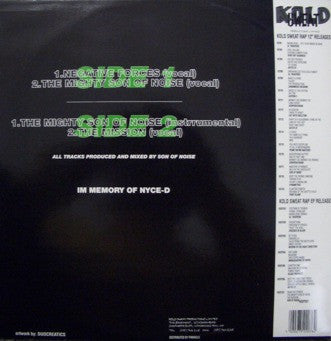 Image of Back Cover of 12" EP - G+/G+ - SON OF NOISE, Negative Forces / The Mighty Son Of Noise (Kold Sweat; KS EP 207, UK 1992, Picture Sleeve), Record very slightly fogged. Sleeve worn and creased at edges, with scuffs, sticker and sticker ghost on it,  - 2216333C