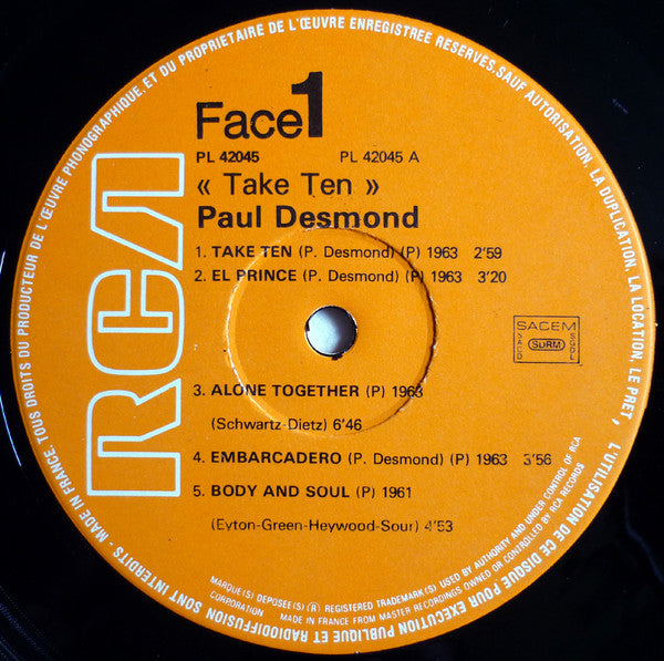 Image of Label Cover of LP - VG+/VG - PAUL DESMOND, Take Ten (RCA; PL 42045, France 1977 Reissue, Gatefold), ,  - 1926100E