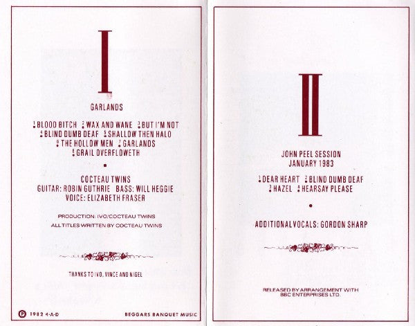 Image of Back Cover of Cassette - VG+/VG+ - COCTEAU TWINS, Garlands (4AD; CAD C 211, UK 1983), ,  - 1936044E