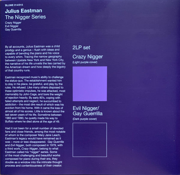 Image of Back Cover of 2xLP - EX/EX - JULIUS EASTMAN, The Nigger Series (Blume ; 014 / 015, Italy 2018, Individual Sleeves Inside Wraparound Gatefold, Inners & Inserts With Obis, 180 Gram Audiophile Pressing, Purple Vinyl), ,  - 1826519E