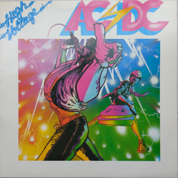 Image of Front Cover of LP - G+/G+ - AC/DC, High Voltage (Atlantic Green & Orange With W In Rim Text; K 50257, UK 1970s Reissue, Arun/Strawberry Matrices), PLays fine throughout but has some long light marks and a couple of circular marks, Sleeve intact but heavy spine wear. ,  - 1916188C