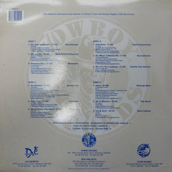 Image of Back Cover of 2xLP - VG/VG+ - VARIOUS, Cowboy Records - The Album - Volume 1 (Cowboy Records; RODEO LP 1, UK 1993, Gatefold, Black Inners), Minor sticker damage to sleeve.,  - 3626013E