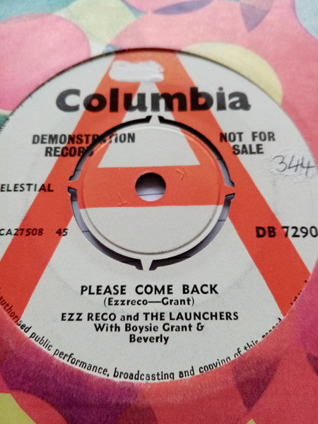 Image of Front Cover of 7" - VG+/VG+ - EZZ RECO AND THE LAUNCHERS WITH BOYSIE GRANT & BEVERLY, Please Come Back / At A Party (Columbia; DB 7290, UK 1964, Promo, Company Sleeve, 4 prong centre), Lightest of marks. Sticker on A side. Hand written cross on B side,  - 1956049S
