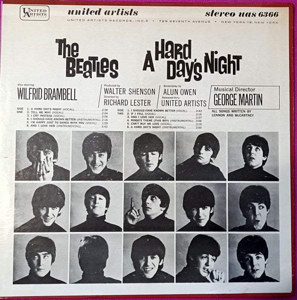 Image of Back Cover of LP - VG/VG+ - THE BEATLES, A Hard Day's Night (Original Motion Picture Sound Track) (United Artists Records; UAS 6366, US 1975 Reissue, Pasteback Sleeve, AudioMatrix Runouts), ,  - 1916202C