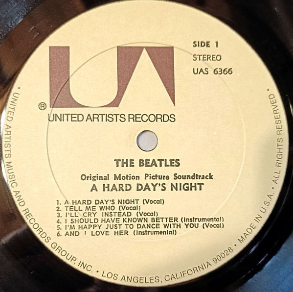 Image of Label Cover of LP - VG/VG+ - THE BEATLES, A Hard Day's Night (Original Motion Picture Sound Track) (United Artists Records; UAS 6366, US 1975 Reissue, Pasteback Sleeve, AudioMatrix Runouts), ,  - 1916202C