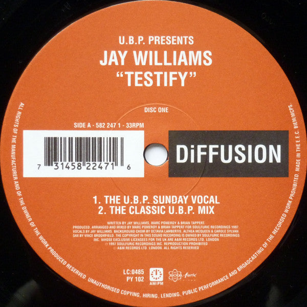 Image of Front Cover of 12" - G+/G+ - U.B.P. PRESENTS JAY WILLIAMS, Testify (DiFFUSION; 582 247 1, UK 1997, Stickered Company Sleeve), ,  - 4016075C