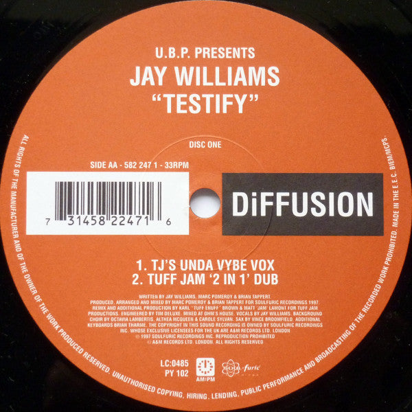 Image of Back Cover of 12" - G+/G+ - U.B.P. PRESENTS JAY WILLIAMS, Testify (DiFFUSION; 582 247 1, UK 1997, Stickered Company Sleeve), ,  - 4016075C