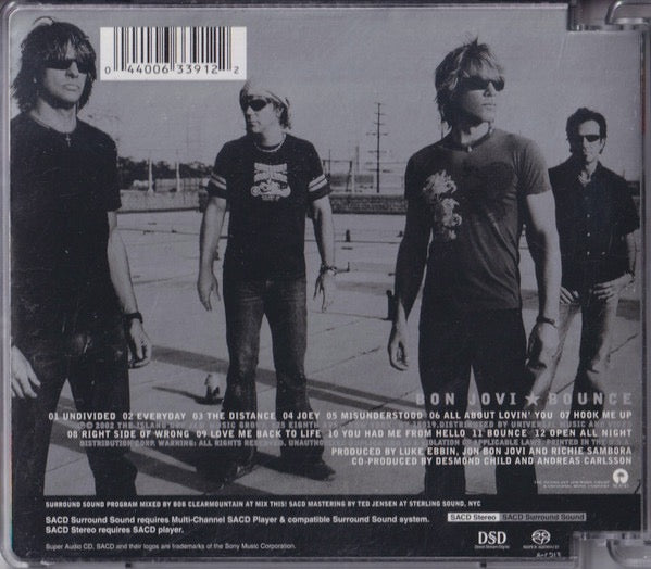 Image of Back Cover of SACD - M/M - BON JOVI, Bounce (Island Records; 440 063 391-2, US 2002, Multichannel, Stereo), Still SEALED in stickered shrinkwrap. Old security sticker stuck on front shrinkwrap. Slightly different hype sticker to the discogs listing.,  - 1916295C