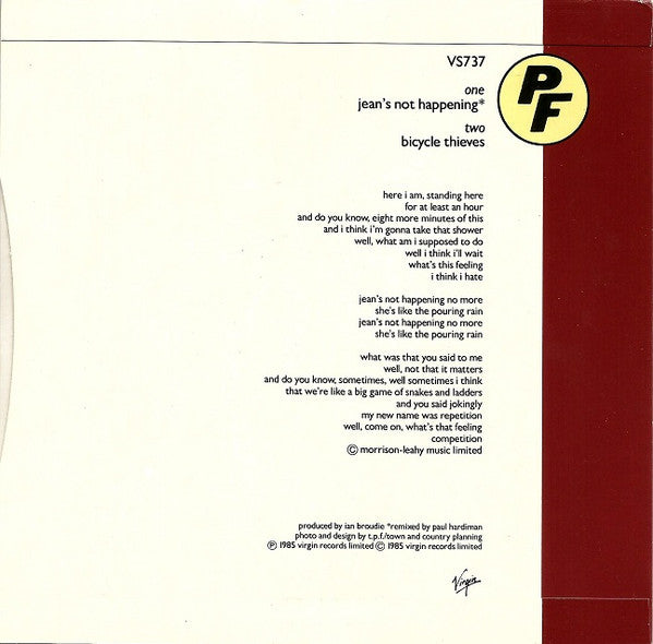 Image of Back Cover of 7" - VG/VG - THE PALE FOUNTAINS, Jean's Not Happening (Virgin; VS737, UK 1985, Picture Sleeve), Strong VG Throughout,  - 1916311C