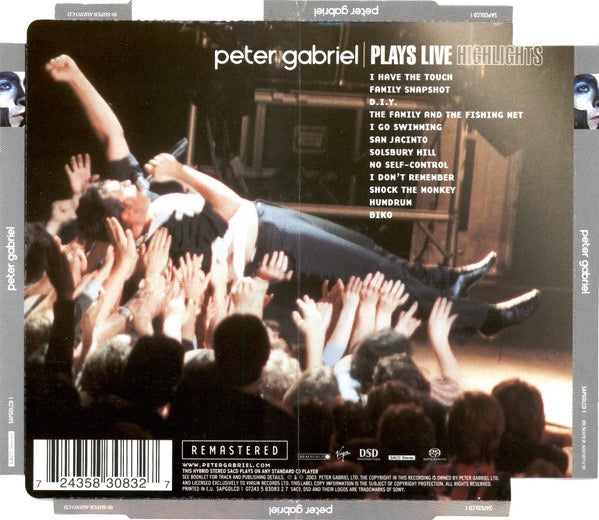 Image of Back Cover of SACD - EX/VG+ - PETER GABRIEL, Plays Live - Highlights (Real World Records; SAPGDLCD 1, Europe 2003 Reissue, Hybrid, Stereo. Made in Japan on CD), One light circular mark on disc.,  - 1916297C