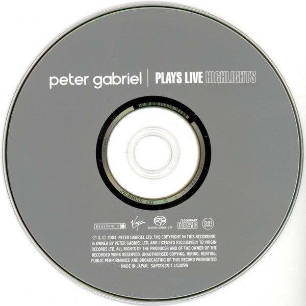Image of Label Cover of SACD - EX/VG+ - PETER GABRIEL, Plays Live - Highlights (Real World Records; SAPGDLCD 1, Europe 2003 Reissue, Hybrid, Stereo. Made in Japan on CD), One light circular mark on disc.,  - 1916297C