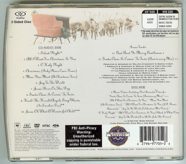 Image of Back Cover of CD - VG+/M - MARIAH CAREY, Merry Christmas (Columbia; CN 97705, US 2005 Reissue, Hybrid, DualDisc), Still SEALED in stickered shrinkwrap. Two cracks on front of case.,  - 1916300C