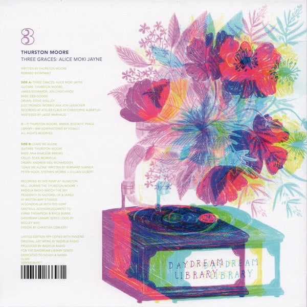 Image of Back Cover of 7" - EX/VG+ - THURSTON MOORE, Three Graces: Alice Moki Jayne (The Daydream Library Series; DLS09, UK 2019, Picture Sleeve, Fanzine, Sonic Youth. Limited To 999 On Pink Vinyl), Still In Opened Shrinkwrap,  - 4316207C