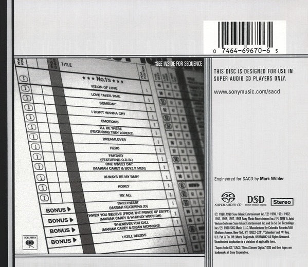 Image of Back Cover of SACD - VG+/M - MARIAH CAREY, #1's (Columbia; CS 69670, US 1999, Slipcase, DSD, Stereo), Still SEALED in stickered shrinkwrap. Slipcase slightly wavey from storage. Sealed so unable to check runout.,  - 1916307C