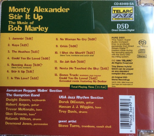 Image of Back Cover of SACD - M/M - MONTY ALEXANDER, Stir It Up - The Music Of Bob Marley (Telarc; SACD-63469, US Reissue, Hybrid, Stereo, DSD), Still SEALED in stickered shrinkwrap. Different hype sticker to discogs listing.,  - 1916310C