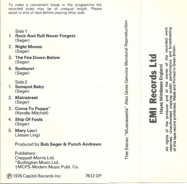 Image of Back Cover of Cassette - VG+/VG+ - BOB SEGER, Night Moves (Capitol Records; TC-EA-ST 11557, 	UK 1976, J - Card), ,  - 1936117E