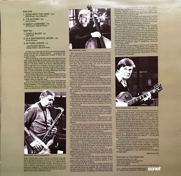 Image of Back Cover of LP - VG/G+ - ZOOT SIMS, In A Sentimental Mood (Sonet; SNTF-932, 	Scandinavia 1985, Inner), ,  - 1916345C