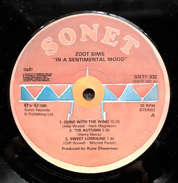 Image of Label Cover of LP - VG/G+ - ZOOT SIMS, In A Sentimental Mood (Sonet; SNTF-932, 	Scandinavia 1985, Inner), ,  - 1916345C