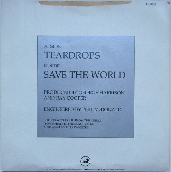 Image of Back Cover of 7" - VG+/VG - GEORGE HARRISON, Teardrops / Save The World (Dark Horse Records; K17837, UK 1981, Picture Sleeve), Strong VG,  - 1916323C