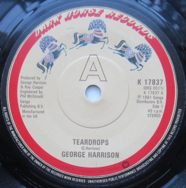Image of Label Cover of 7" - VG+/VG - GEORGE HARRISON, Teardrops / Save The World (Dark Horse Records; K17837, UK 1981, Picture Sleeve), Strong VG,  - 1916323C