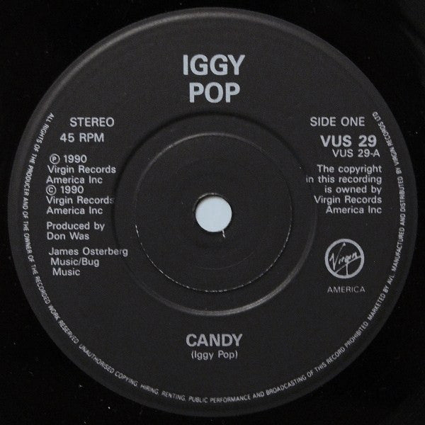 Image of Label Cover of 7" - VG/G+ - IGGY POP, Candy (Virgin America; VUS 29, UK 1990, Stickered Picture Sleeve), Strong VG,  - 1916324C