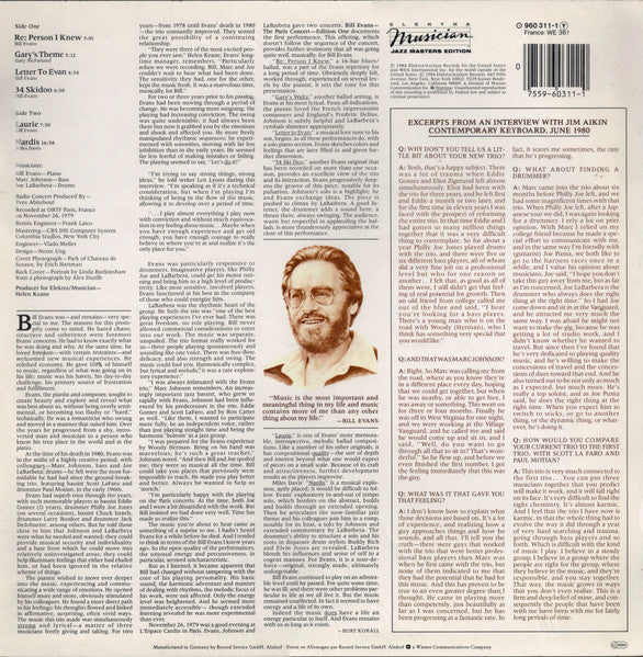 Image of Back Cover of LP - G+/VG+ - BILL EVANS, The Paris Concert (Edition Two) (Elektra Musician; 960 311-1, Europe 1980s Reissue, GEMA/BIEM on labels), Edge and Ring Wear, sticker damage, stains, corner crease,  - 1946244S