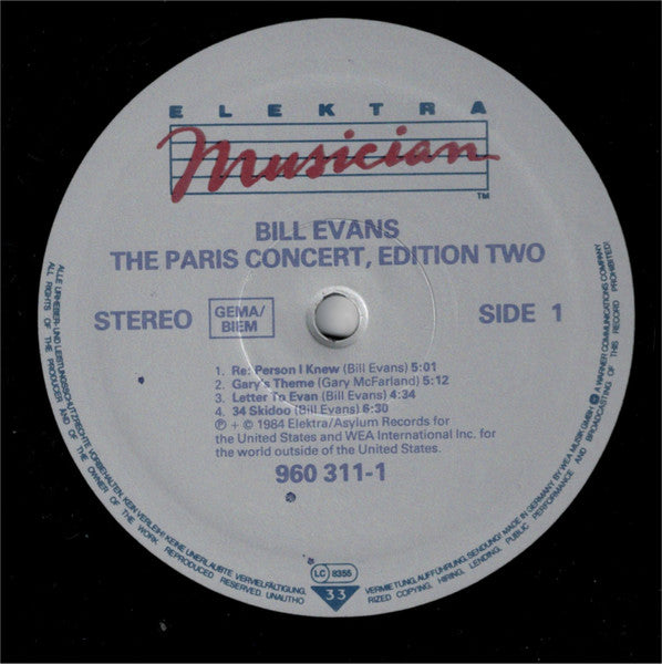 Image of Label Cover of LP - G+/VG+ - BILL EVANS, The Paris Concert (Edition Two) (Elektra Musician; 960 311-1, Europe 1980s Reissue, GEMA/BIEM on labels), Edge and Ring Wear, sticker damage, stains, corner crease,  - 1946244S