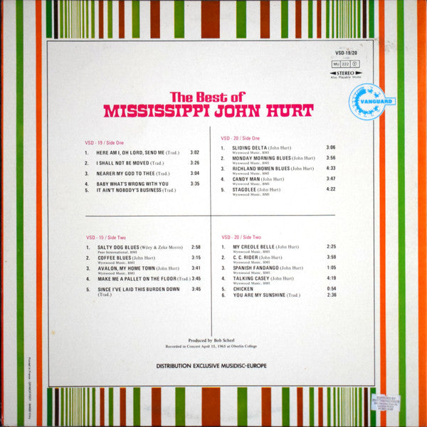 Image of Back Cover of LP - VG/VG+ - MISSISSIPPI JOHN HURT, The Best Of Mississippi John Hurt (Vanguard; VSD 19/20, France Reissue, Gatefold), A few dents in sleeve opening. Some wear,  - 1916393C