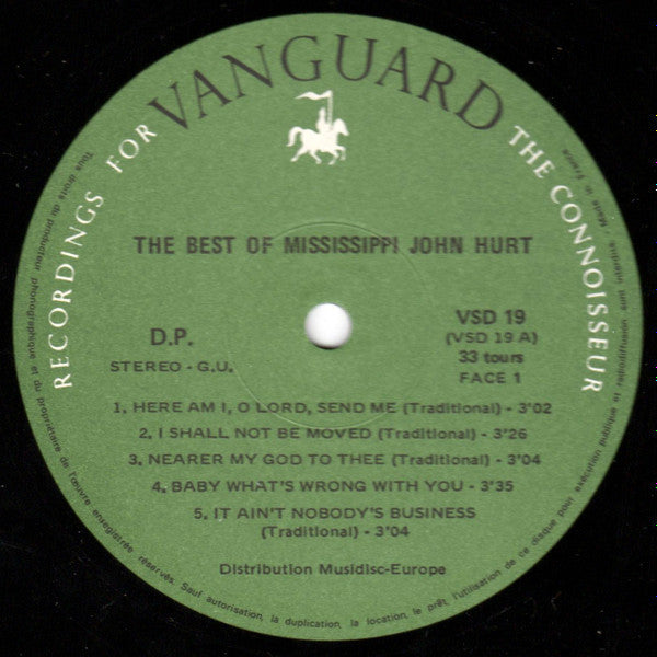 Image of Label Cover of LP - VG/VG+ - MISSISSIPPI JOHN HURT, The Best Of Mississippi John Hurt (Vanguard; VSD 19/20, France Reissue, Gatefold), A few dents in sleeve opening. Some wear,  - 1916393C