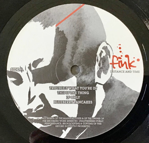 Image of Label Cover of LP - VG/G+ - FINK, Distance And Time (Ninja Tune; ZEN 136, UK 2007, Inner), Sleeve has some small corner bumps and light general wear. Splits to inner. Disc has some superficial marks from inner but plays well.,  - 1916399C