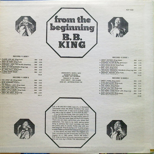 Image of Back Cover of LP - VG/VG - B.B. KING, From The Beginning (Kent; KST-533, US 1970s Reissue, Pasteback Sleeve), Disc two lightly fogged. Sleeve has corner cut; wear and some light staining,  - 1916434C