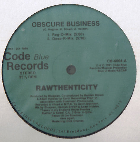 Image of Front Cover of 12" - /VG - RAWTHENTICITY, Obscure Business (Code Blue Records; CB-6004, US 1991), Light Marks only.,  - 1946214S